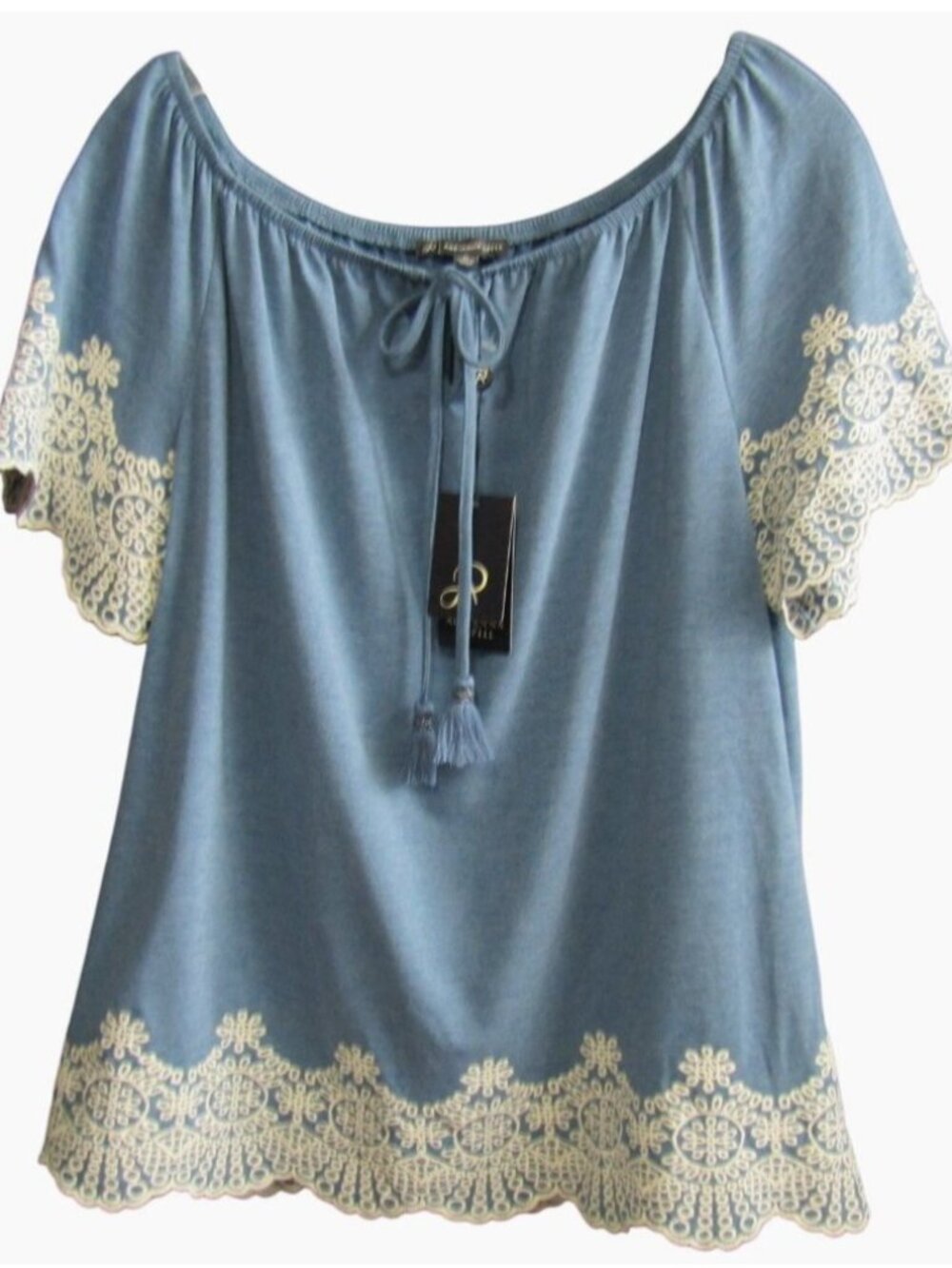 Adrianna Papell Blue Embroidered Boho Peasant Top Size M Tassel Tie Neck New Tag